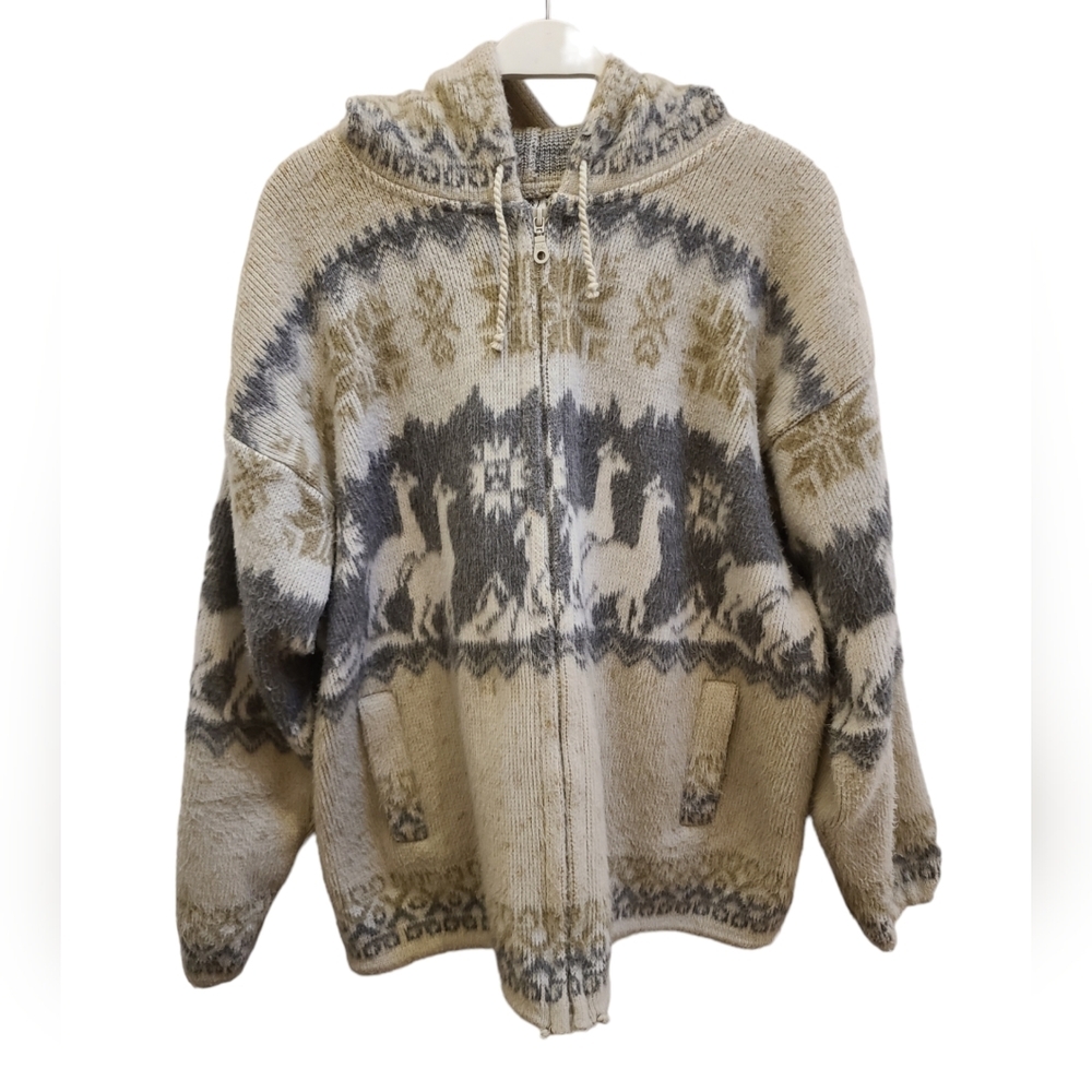 Yari Artesanias 100% Wool Made in Ecuador Hooded Sweater Jacket - Size Large